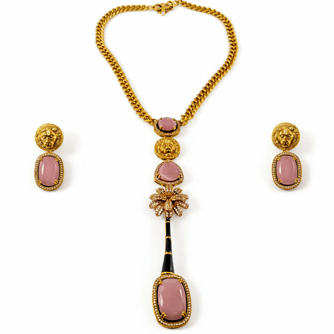 Rose Quartz Lion Coin Lariat Necklace Set | Joyrias