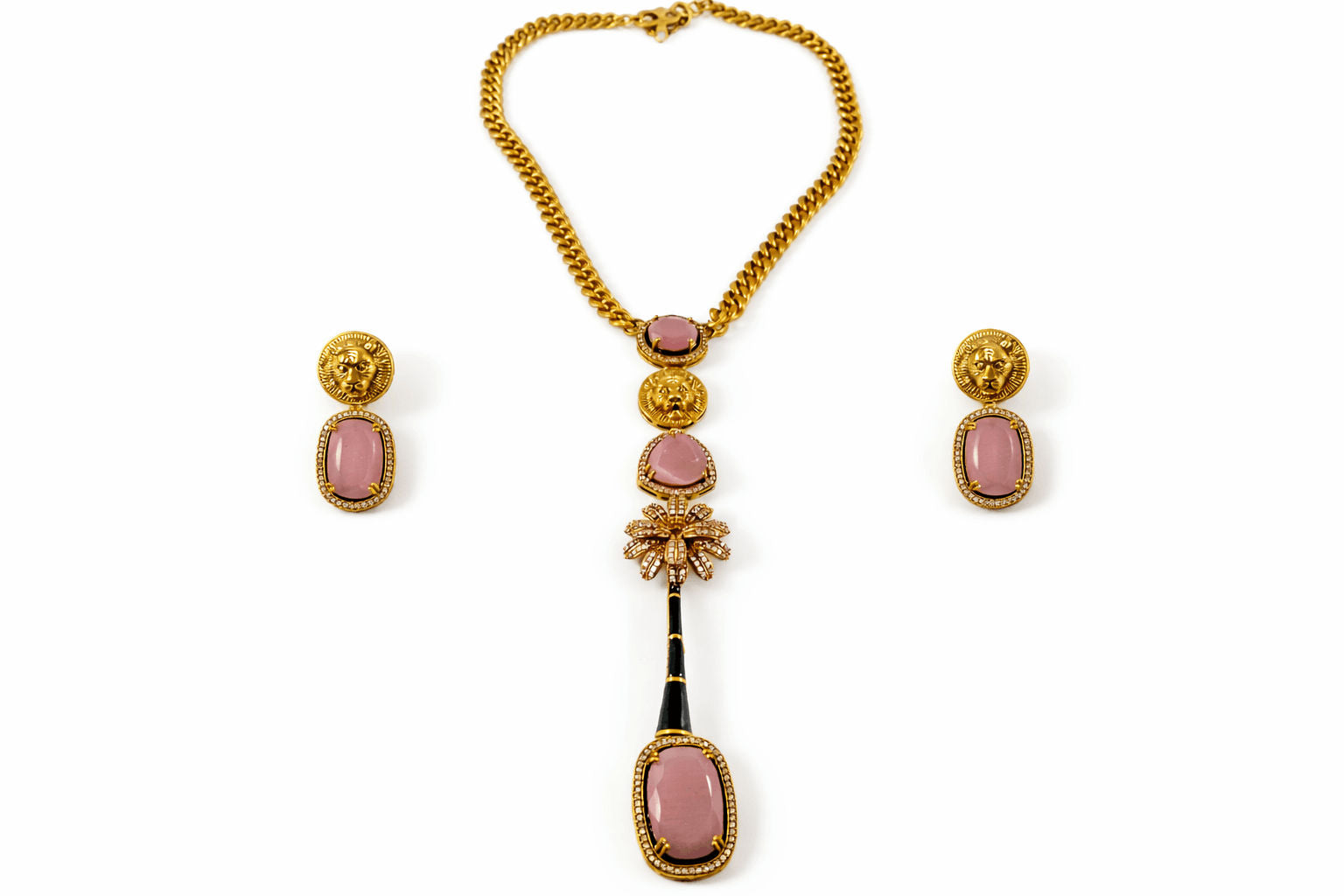 Rose Quartz Lion Coin Lariat Necklace Set | Joyrias