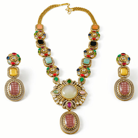 Navratan Multicolor Pendant Necklace Set | Joyrias