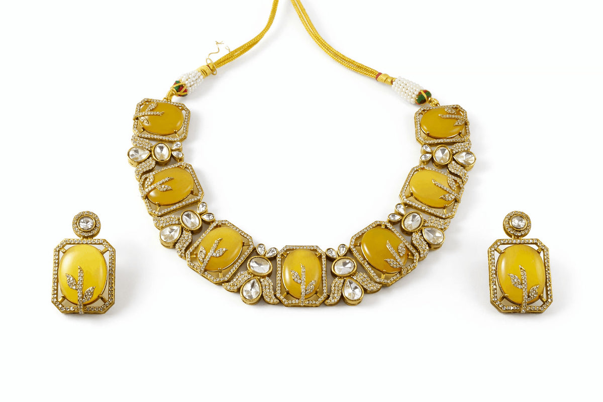 Yellow Kundan Statement Necklace Set | Joyrias