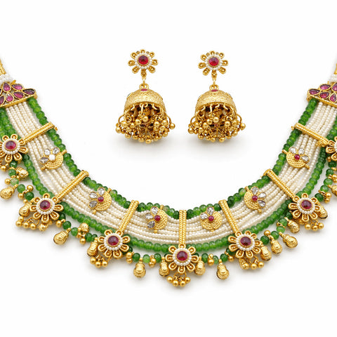 Green & White Bead Temple Choker Set | Joyrias