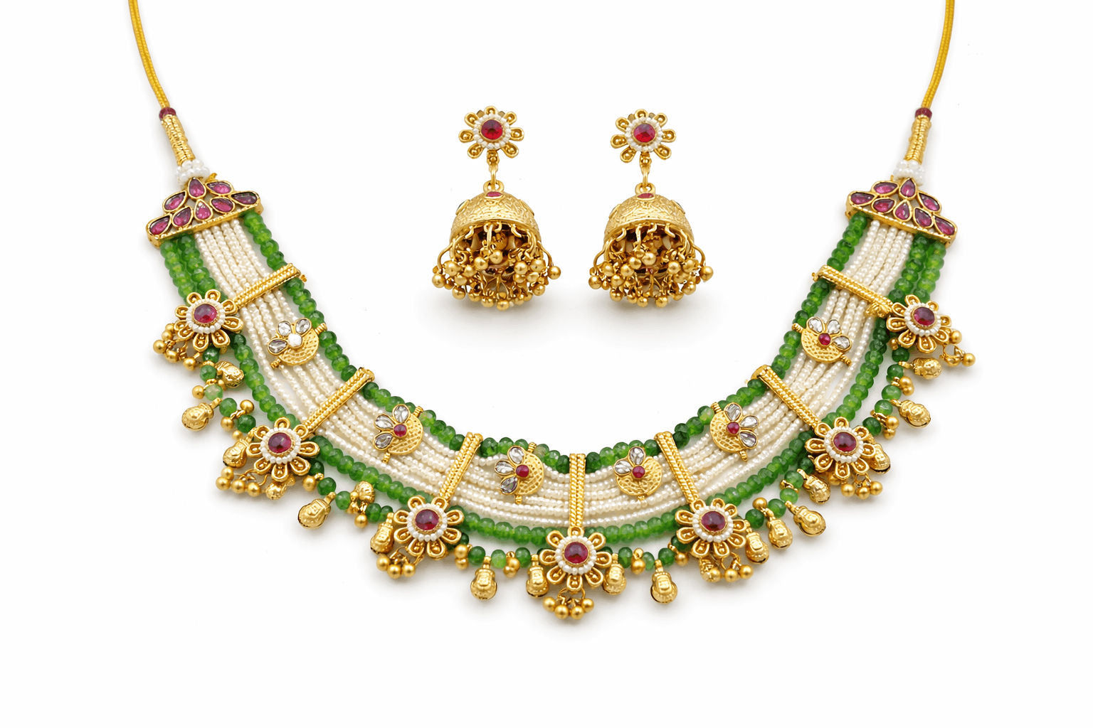 Green & White Bead Temple Choker Set | Joyrias