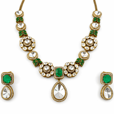 Sage Green Polki Floral Pendant Necklace Set | Joyrias