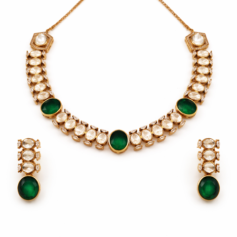 Emerald Green Moissanite Kundan Necklace Set