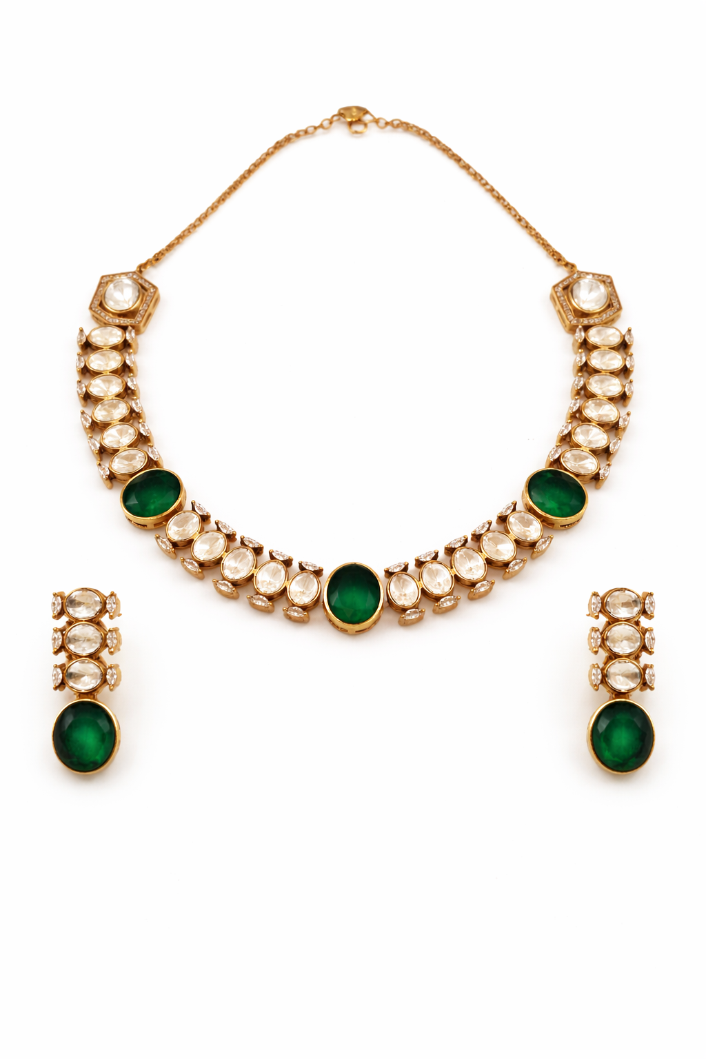 Emerald Green Moissanite Kundan Necklace Set