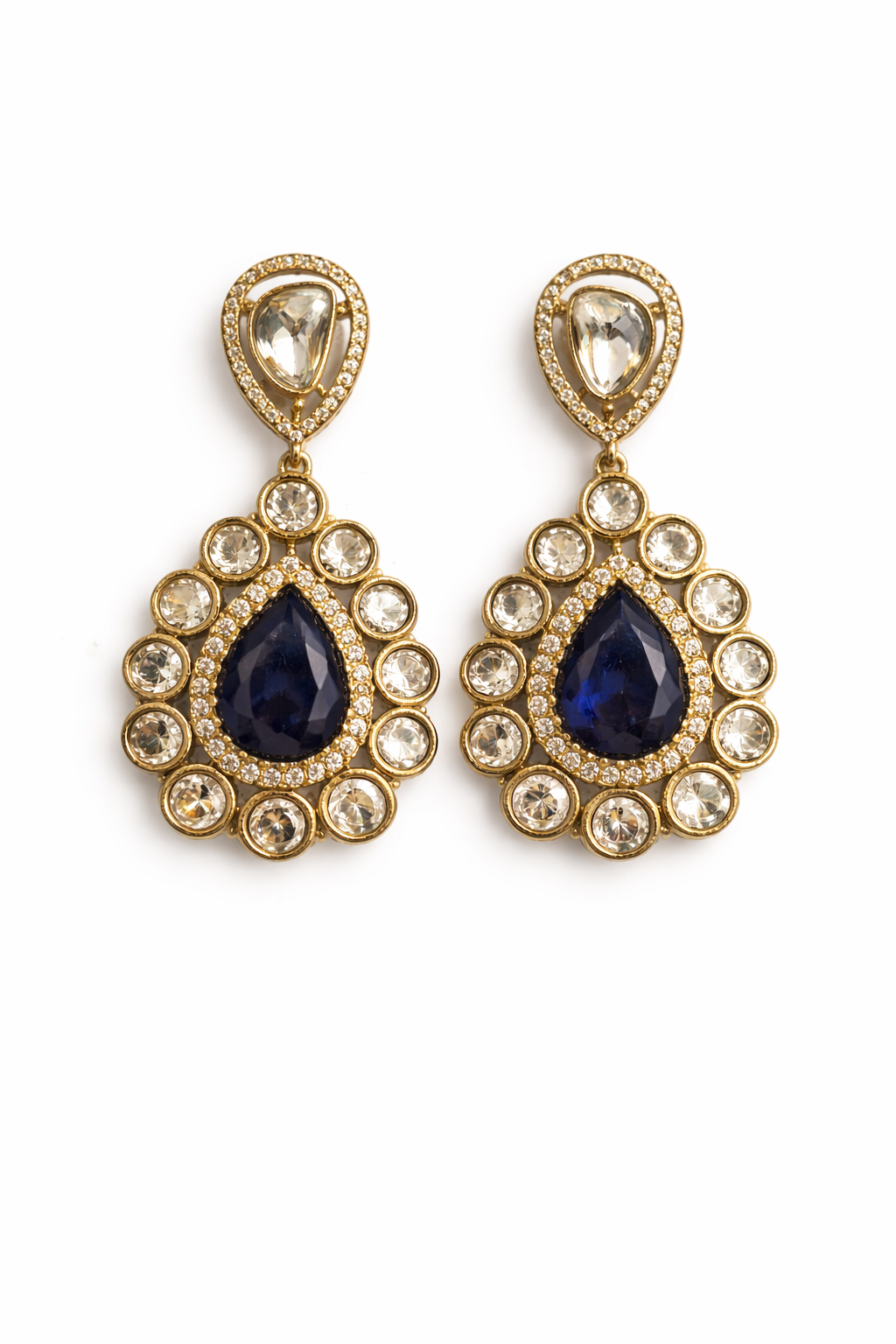 Blue Stone Kundan Drop Earrings – Traditional Indian Statement Earrings