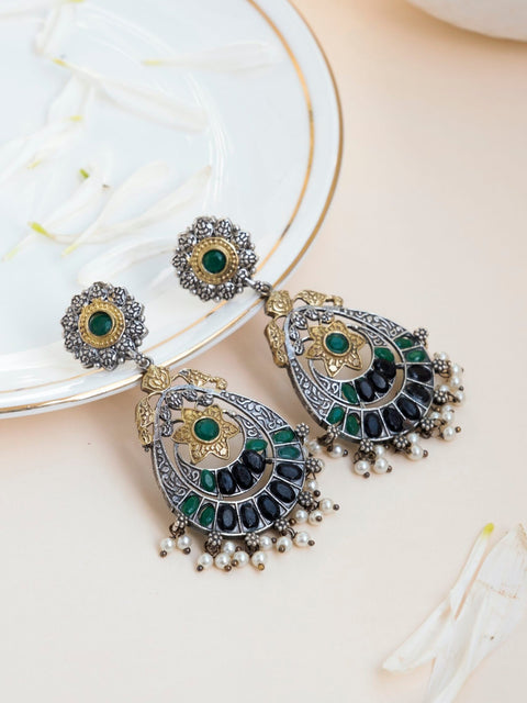 Dual tone black and green stone oxidized earrings – Indian ethnic earrings for festivals – Joyrias