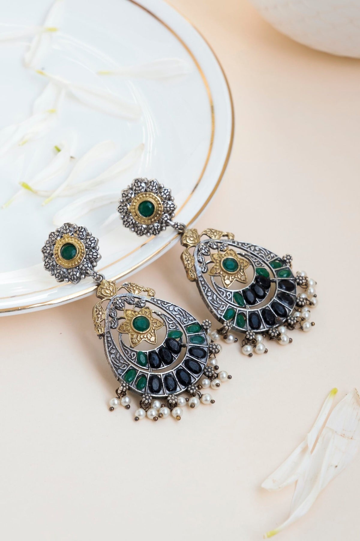 Dual Tone with Black and green stone earrings Image 0