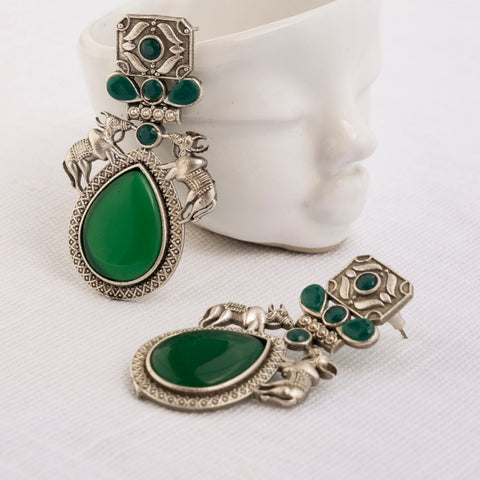 Green stone oxidized Indian earrings – traditional ethnic earrings for festive wear – Joyrias
