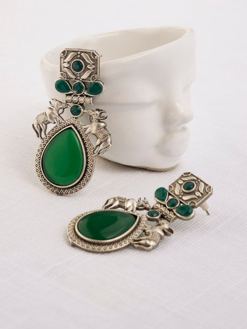 Green stone oxidized Indian earrings – traditional ethnic earrings for festive wear – Joyrias