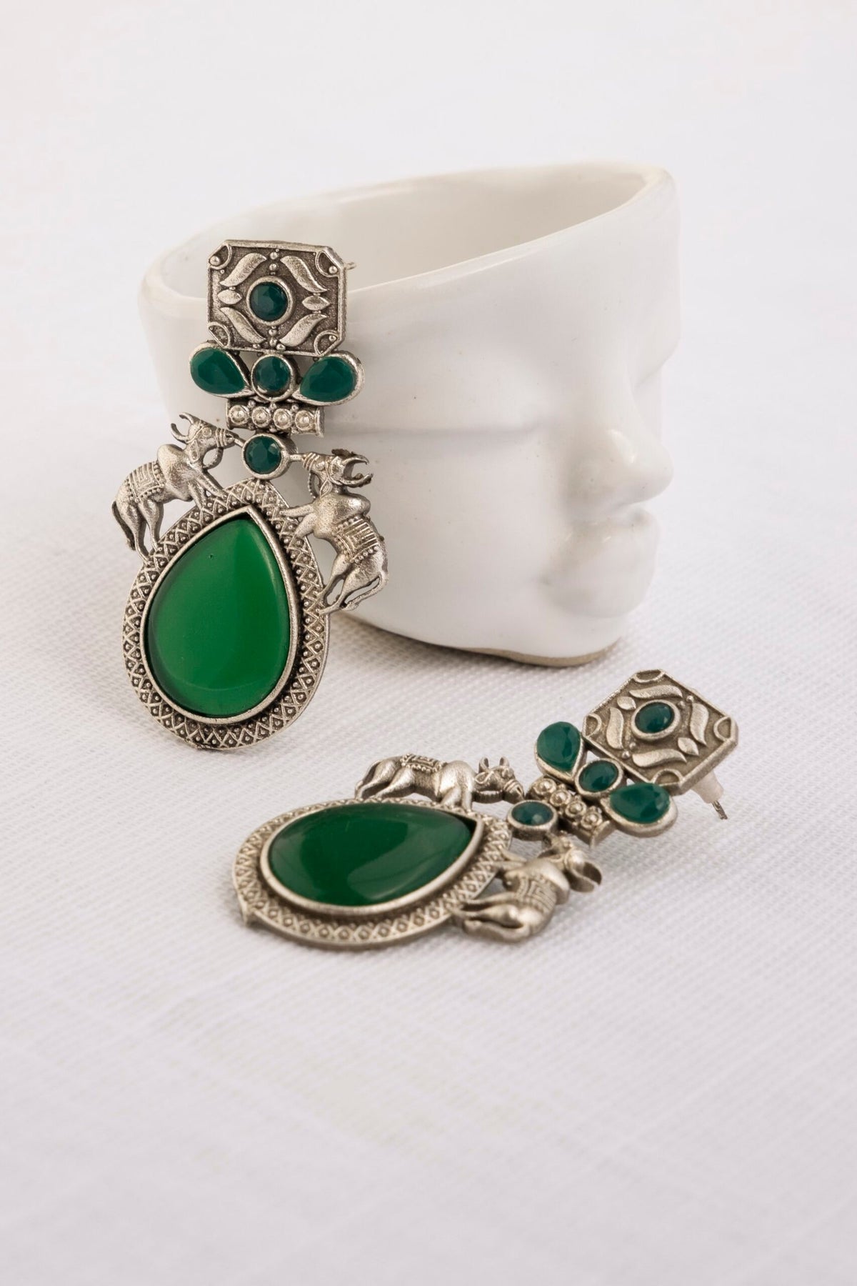 Green stone oxidized Indian earrings – traditional ethnic earrings for festive wear – Joyrias