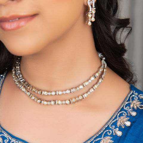Double Layer Kundan Crystal Choker Necklace Set