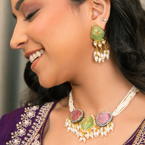 Handcrafted Green & Pink Stone Pearl Choker Necklace Set – Traditional Indian Jewelry