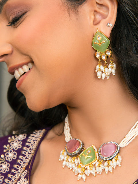 Handcrafted Green & Pink Stone Pearl Choker Necklace Set – Traditional Indian Jewelry