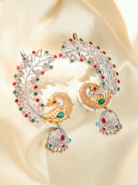 Peacock crescent jhumka earrings with ruby and emerald accents