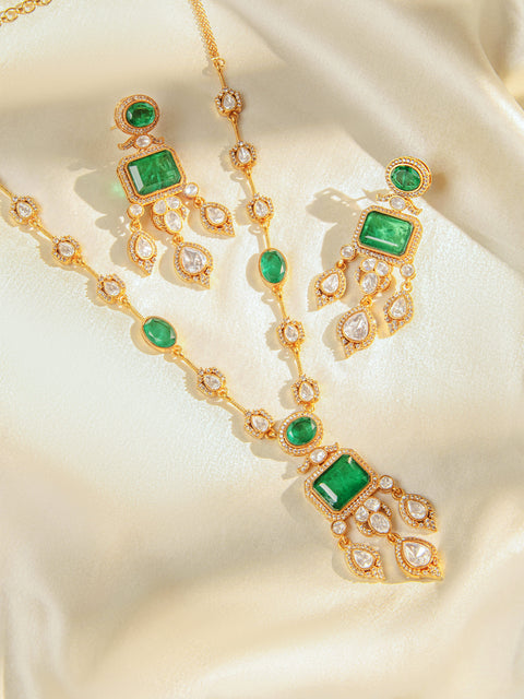 Emerald green long necklace set with matching earrings