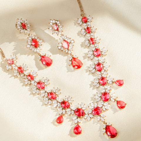 Ruby red crystal floral necklace set with matching earrings