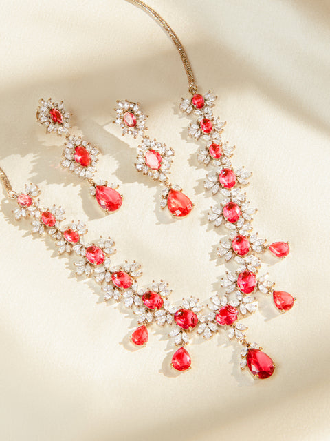 Ruby red crystal floral necklace set with matching earrings