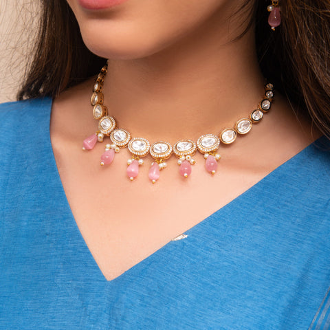Pink Stone Kundan Choker Necklace Set – Elegant Indian Party Jewelry