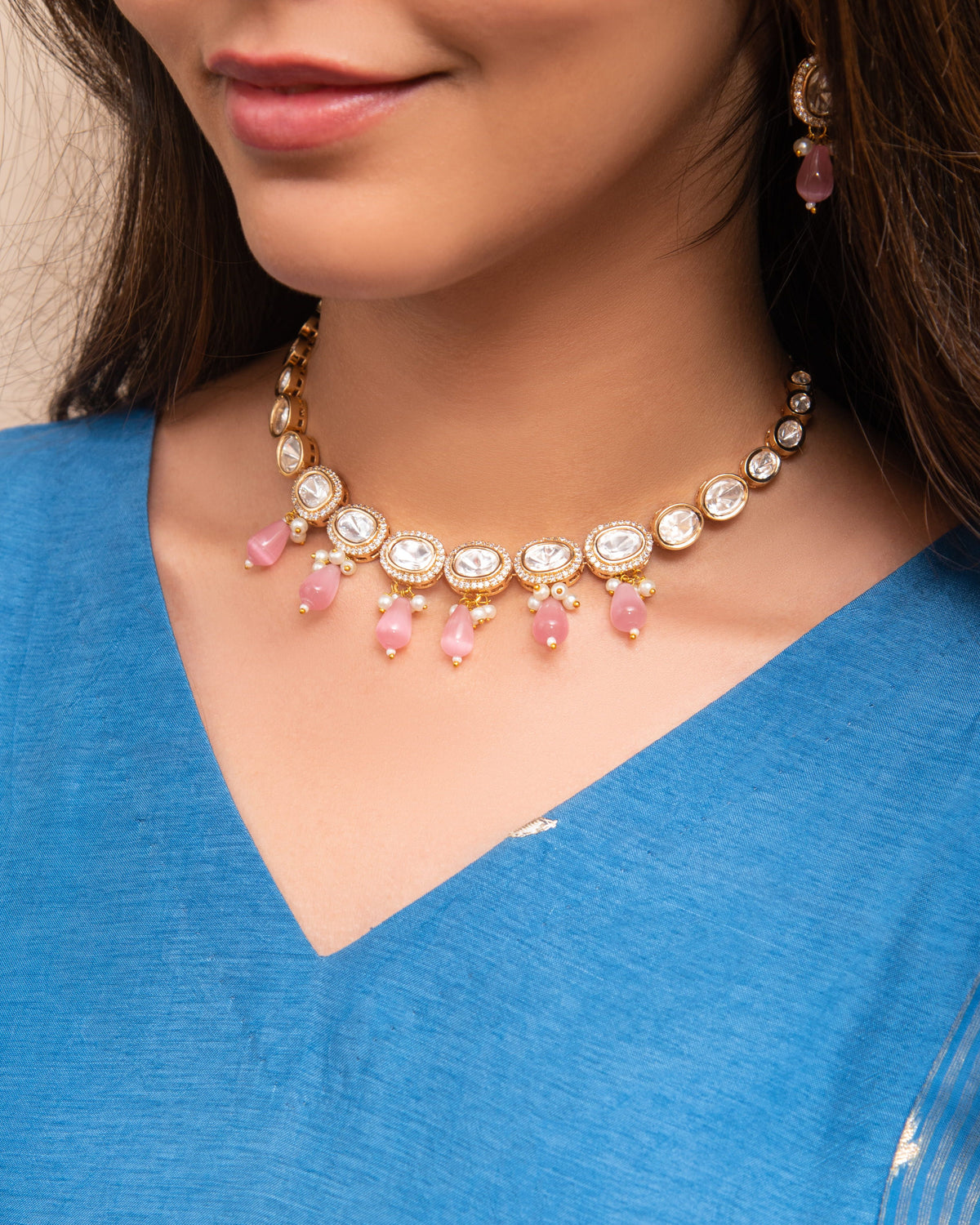 Pink Stone Kundan Choker Necklace Set – Elegant Indian Party Jewelry