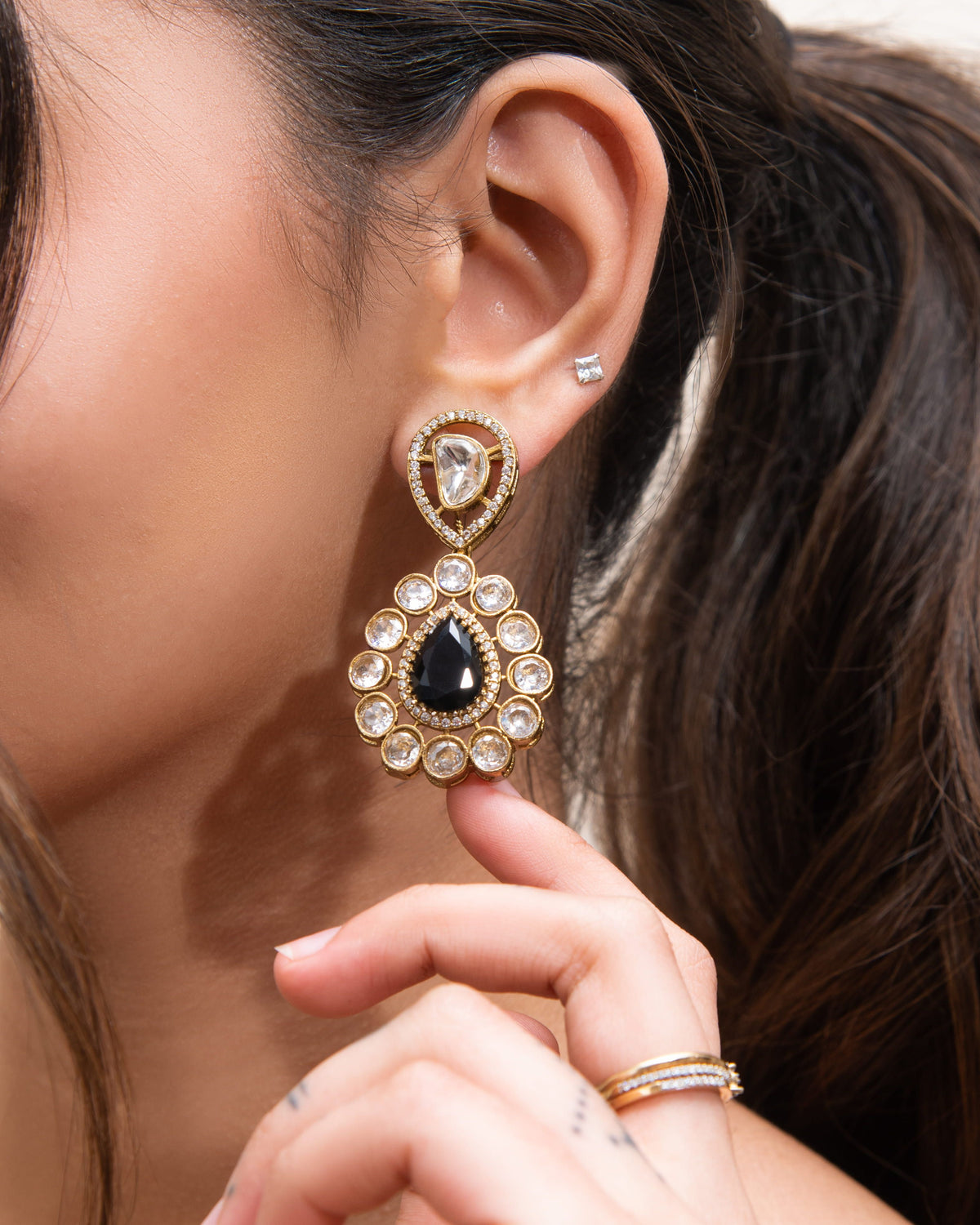 Blue Stone Kundan Drop Earrings – Traditional Indian Statement Earrings
