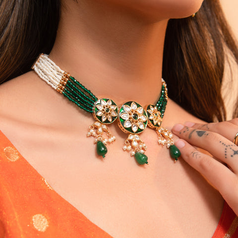 Green Kundan Beaded Choker Necklace Set with Pearl Drops – Traditional Indian Jewelry