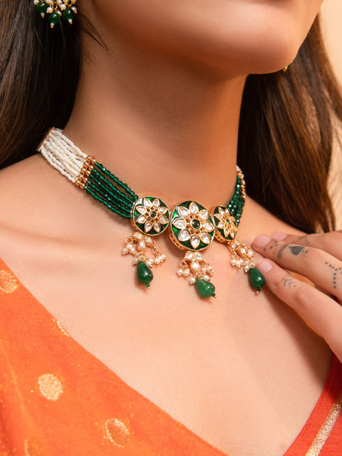 Green Kundan Beaded Choker Necklace Set with Pearl Drops – Traditional Indian Jewelry