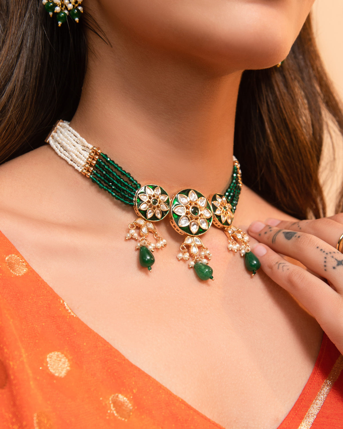 Green Kundan Beaded Choker Necklace Set with Pearl Drops – Traditional Indian Jewelry