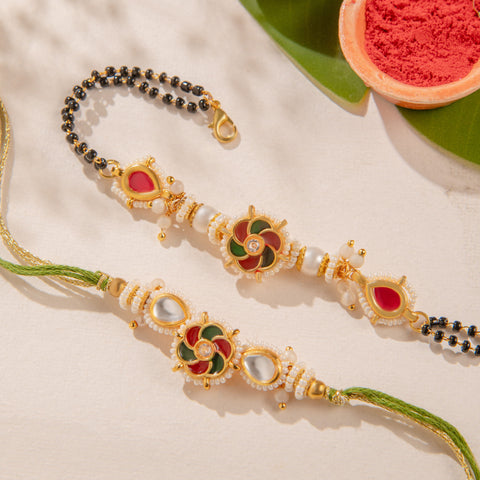 Floral Kundan Bhaiya Bhabhi Rakhi Set by Joyrias