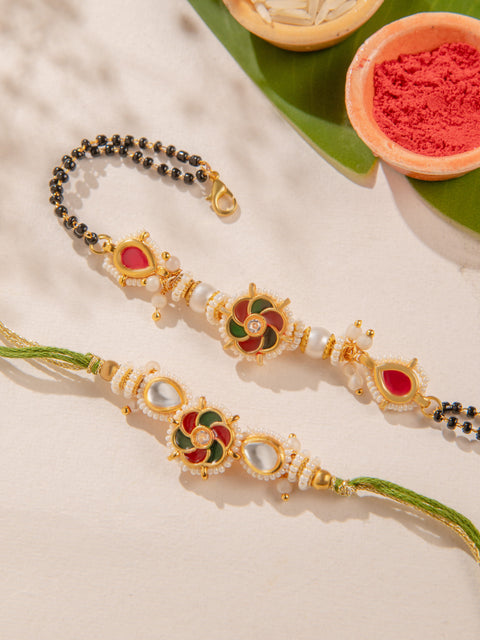 Floral Kundan Bhaiya Bhabhi Rakhi Set by Joyrias