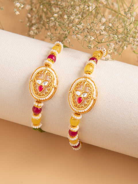 Baby Pink Kundan Bhaiya Bhabhi Rakhi Set