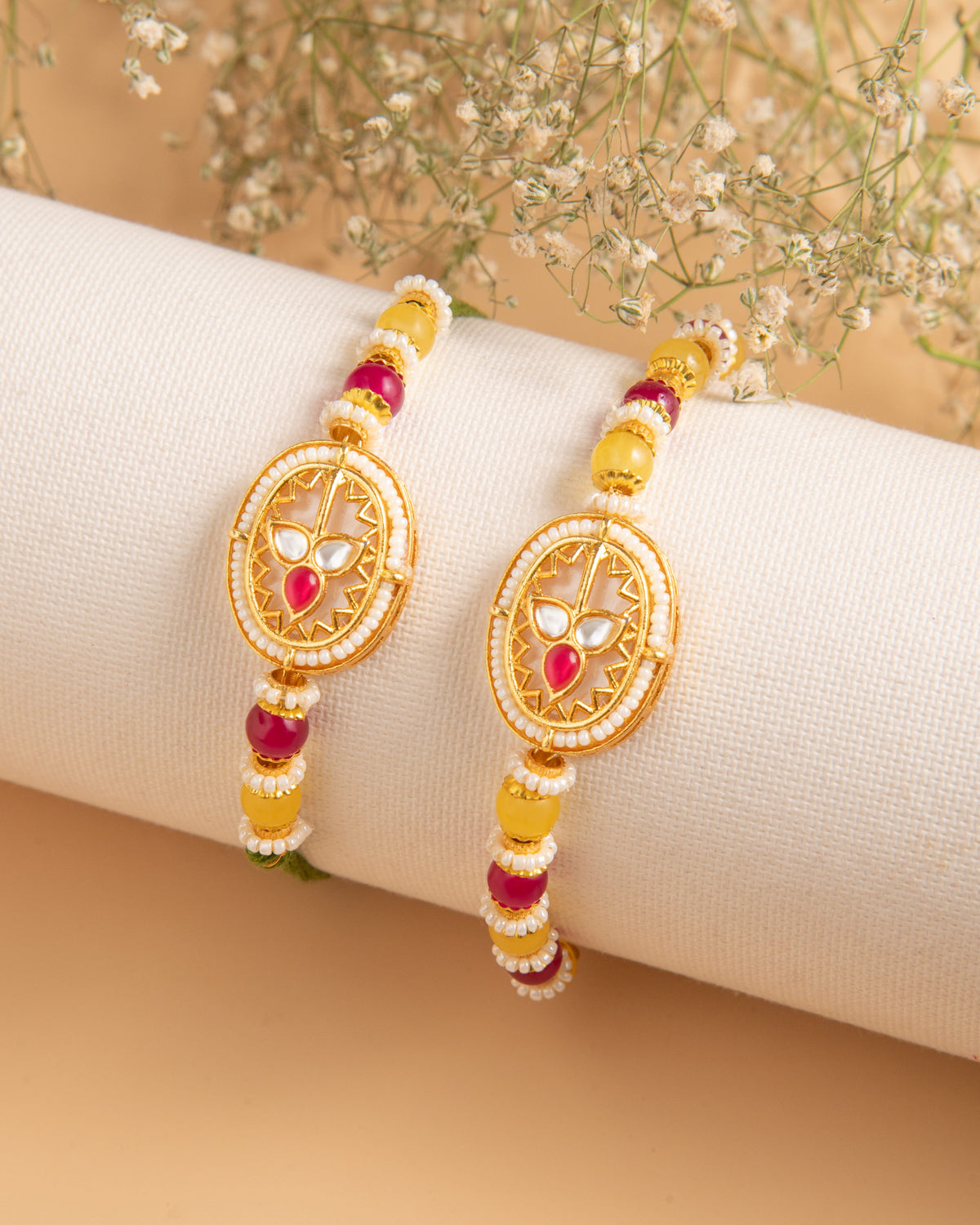 Baby Pink Kundan Bhaiya Bhabhi Rakhi Set