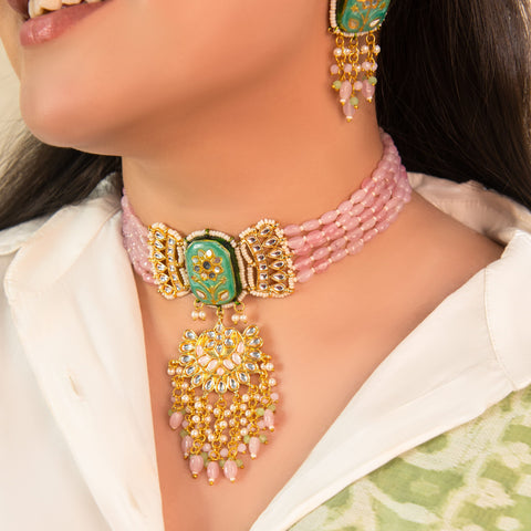 Pink Beaded Kundan Choker Necklace Set with Pendant – Traditional Indian Jewelry