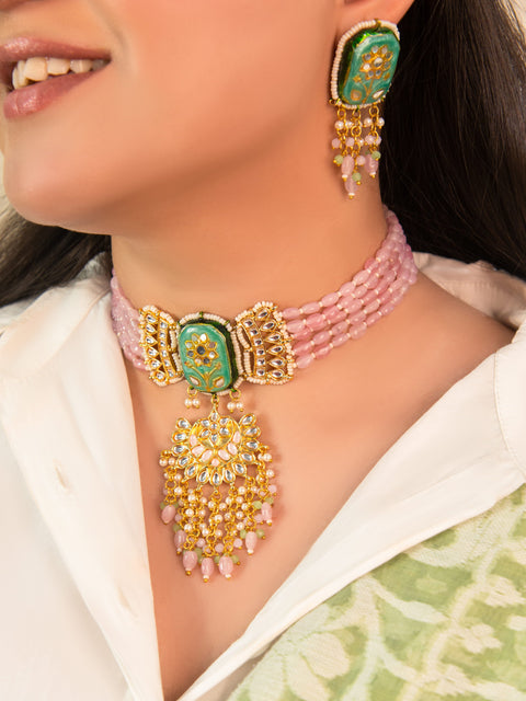 Pink Beaded Kundan Choker Necklace Set with Pendant – Traditional Indian Jewelry