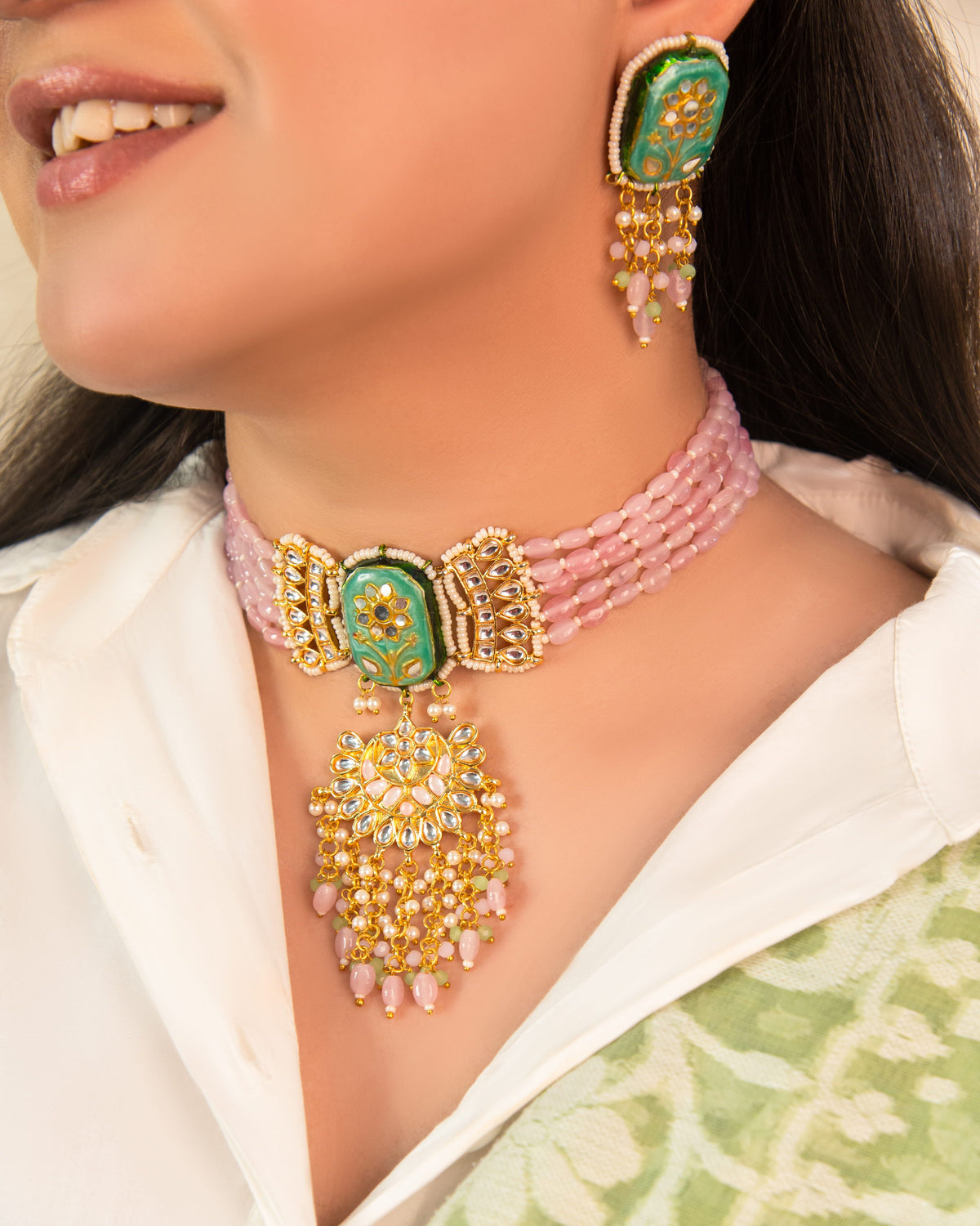 Pink Beaded Kundan Choker Necklace Set with Pendant – Traditional Indian Jewelry