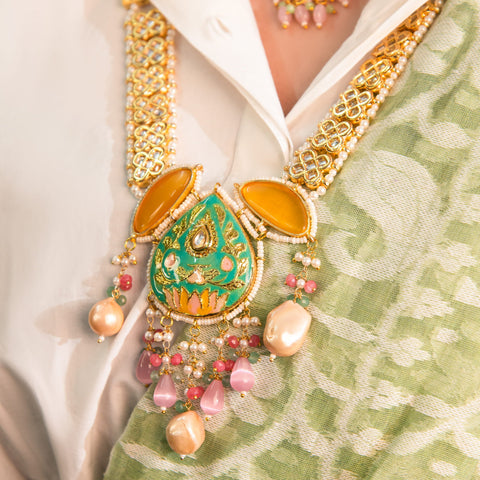 Turquoise Meenakari Pearl Statement Necklace – Traditional Indian Jewelry