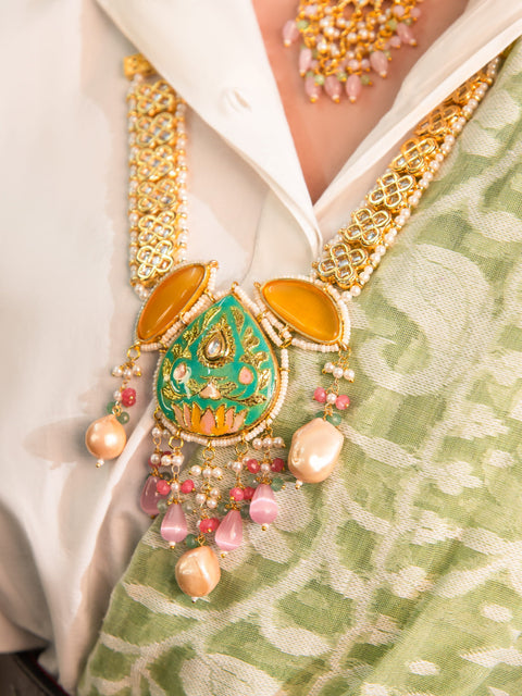Turquoise Meenakari Pearl Statement Necklace – Traditional Indian Jewelry