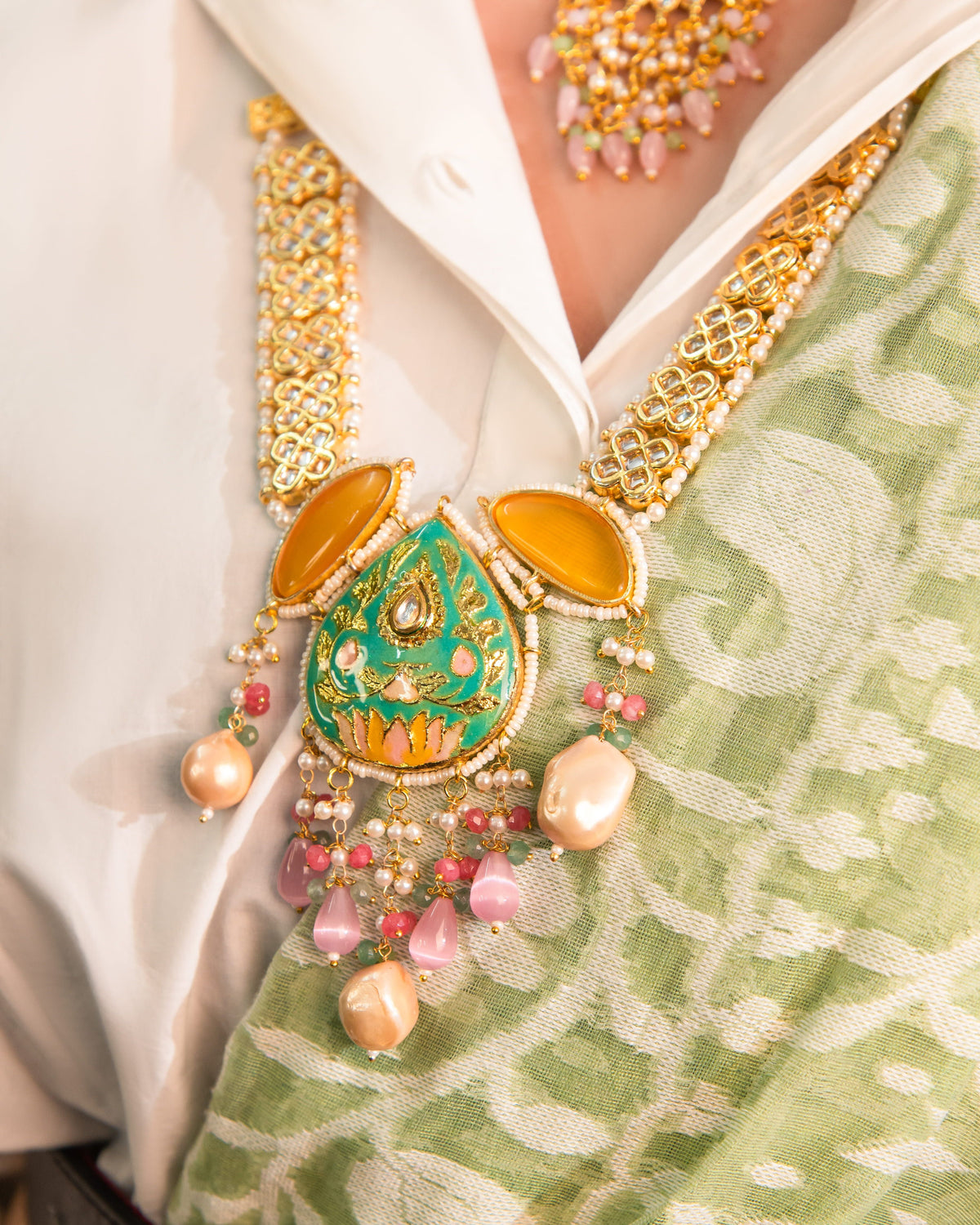 Turquoise Meenakari Pearl Statement Necklace – Traditional Indian Jewelry