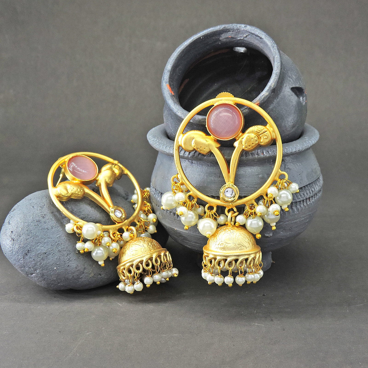 Gold Plated Ruby Jhumka Earrings with Pearl Drops