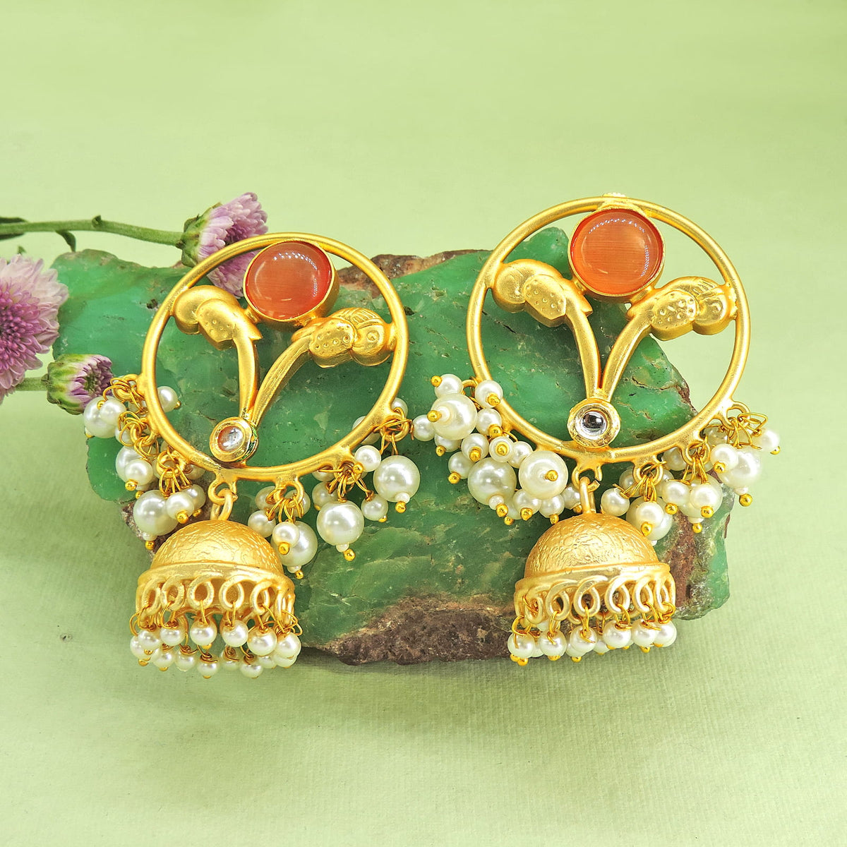 Gold Plated Ruby Jhumka Earrings with Pearl Drops