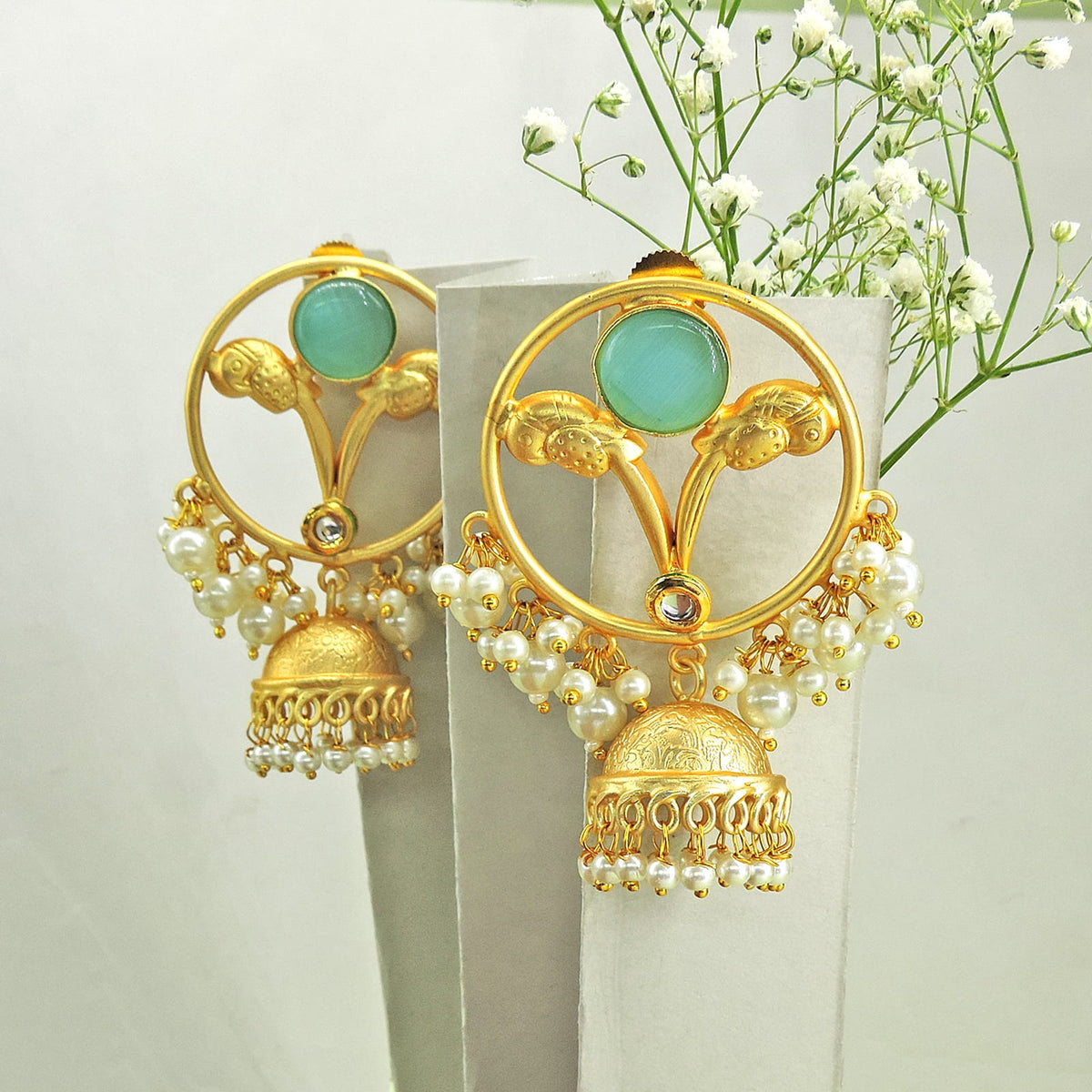 Gold Plated Ruby Jhumka Earrings with Pearl Drops