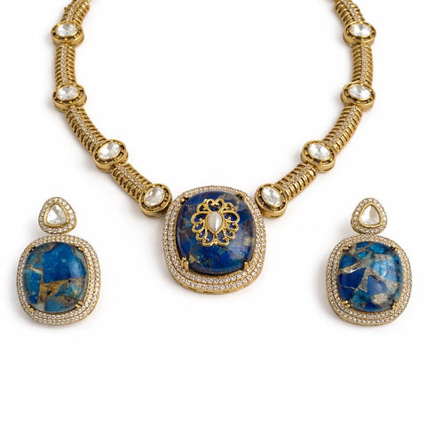 Royal Lapis Fire Stone Necklace Set – Gold Plated Statement Jewelry
