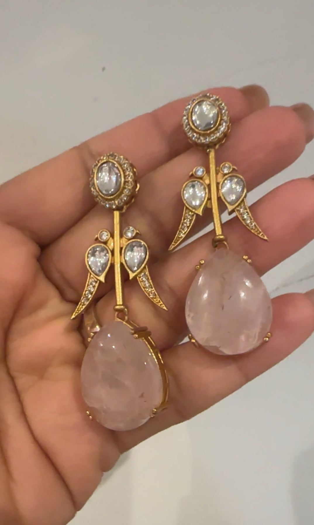 Rose Quartz Statement Drop Earrings in Gold