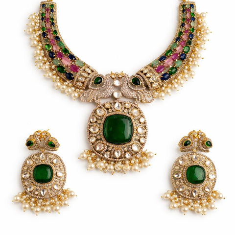 Emerald Kundan Peacock Necklace Set with Pearl Drops – Traditional Indian Jewelry