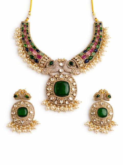 Emerald Kundan Peacock Necklace Set with Pearl Drops – Traditional Indian Jewelry