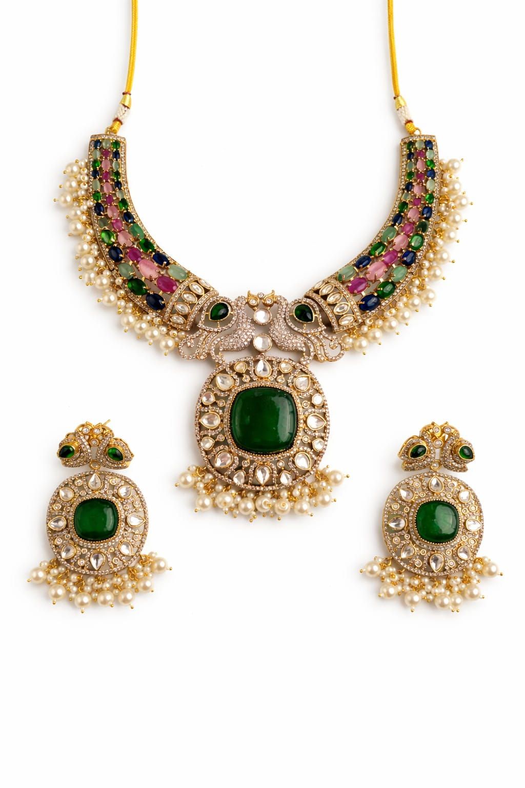 Emerald Kundan Peacock Necklace Set with Pearl Drops – Traditional Indian Jewelry