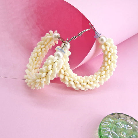 Ivory Floral Hoop Earrings with Pearl Detail