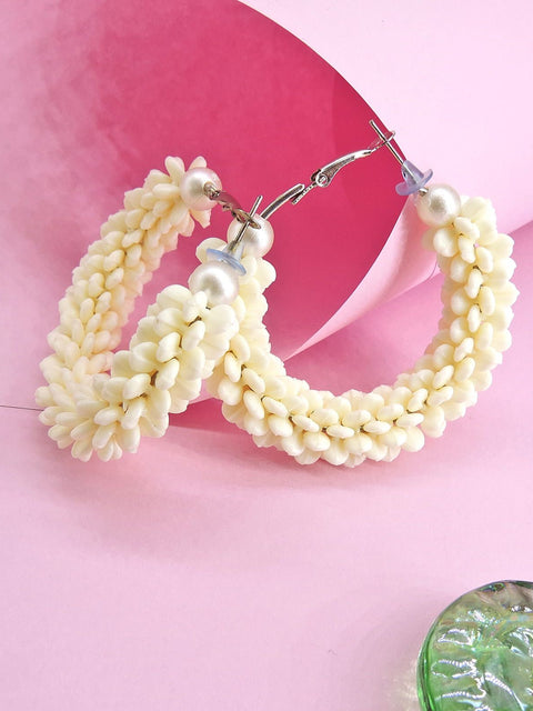 Ivory Floral Hoop Earrings with Pearl Detail