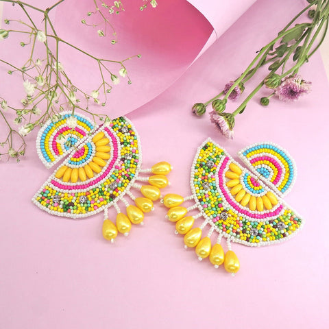 Colorful Beaded Statement Earrings with Yellow Pearl Drops – Boho Festival Jewelry