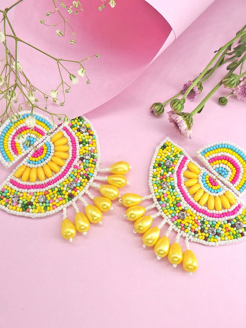 Colorful Beaded Statement Earrings with Yellow Pearl Drops – Boho Festival Jewelry